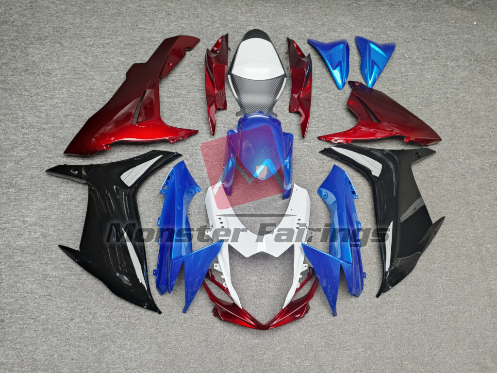 Suzuki GSXR 600 - 750 2011 - 2025 Gloss White with Red & Blue ABS fairings - custom motorcycle bodywork kit by Monster Fairings