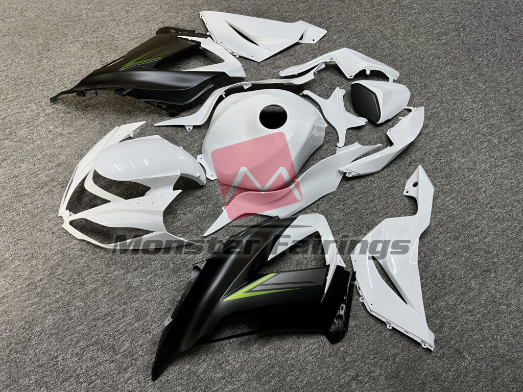 Gloss White with Matte Black & Green ABS fairings for Kawasaki ZX6R 2013 - 2018 - premium OEM fit kit by Monster Fairings