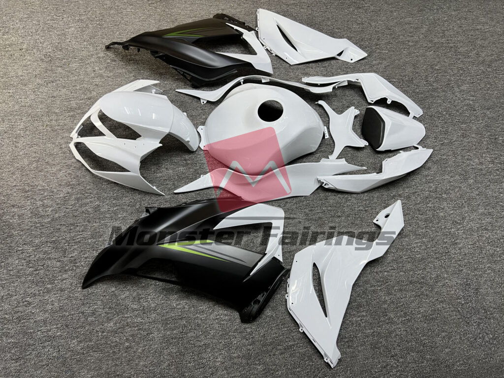 Kawasaki ZX6R custom ABS fairings 2013 - 2018 in Gloss White with Matte Black & Green - durable replacement kit, Monster Fairings