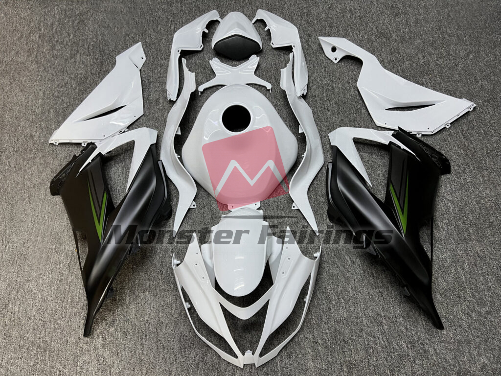 Kawasaki ZX6R 2013 - 2018 Gloss White with Matte Black & Green ABS fairings - custom motorcycle bodywork kit by Monster Fairings