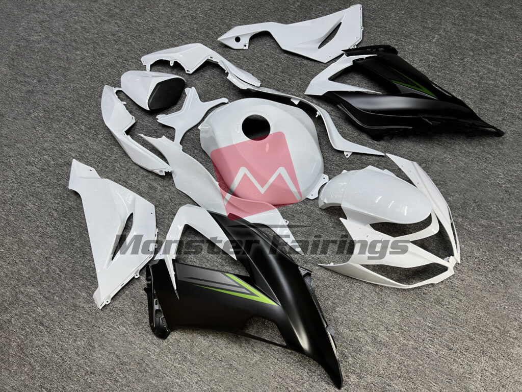 2013 - 2018 Kawasaki ZX6R Gloss White with Matte Black & Green fairing set - ABS injection, custom painted by Monster Fairings