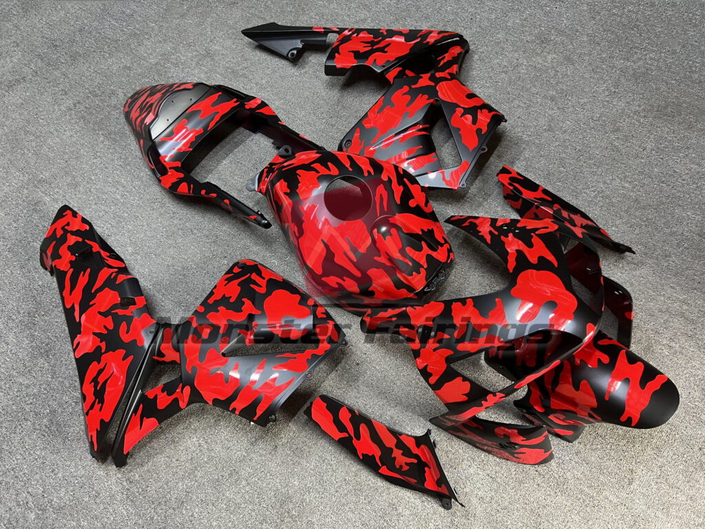 Honda CBR600RR custom ABS fairings 2003 - 2004 in Matte Black and Red Camo - durable replacement kit, Monster Fairings