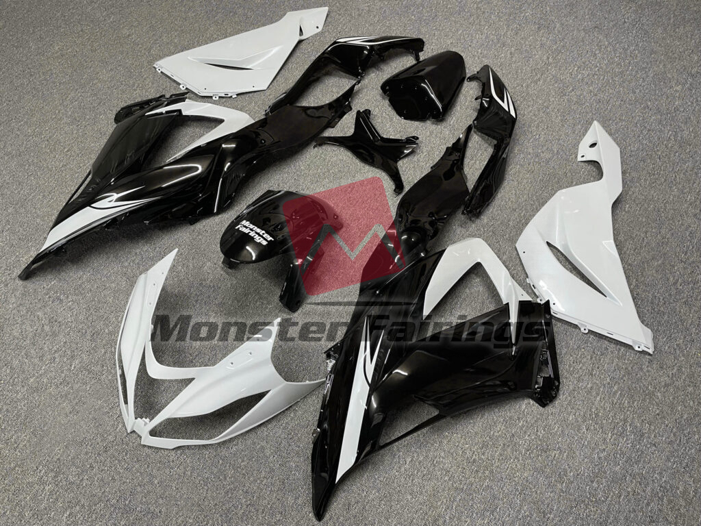 Kawasaki ZX6R custom ABS fairings 2013 - 2018 in Gloss Black & Pearl White - durable replacement kit, Monster Fairings