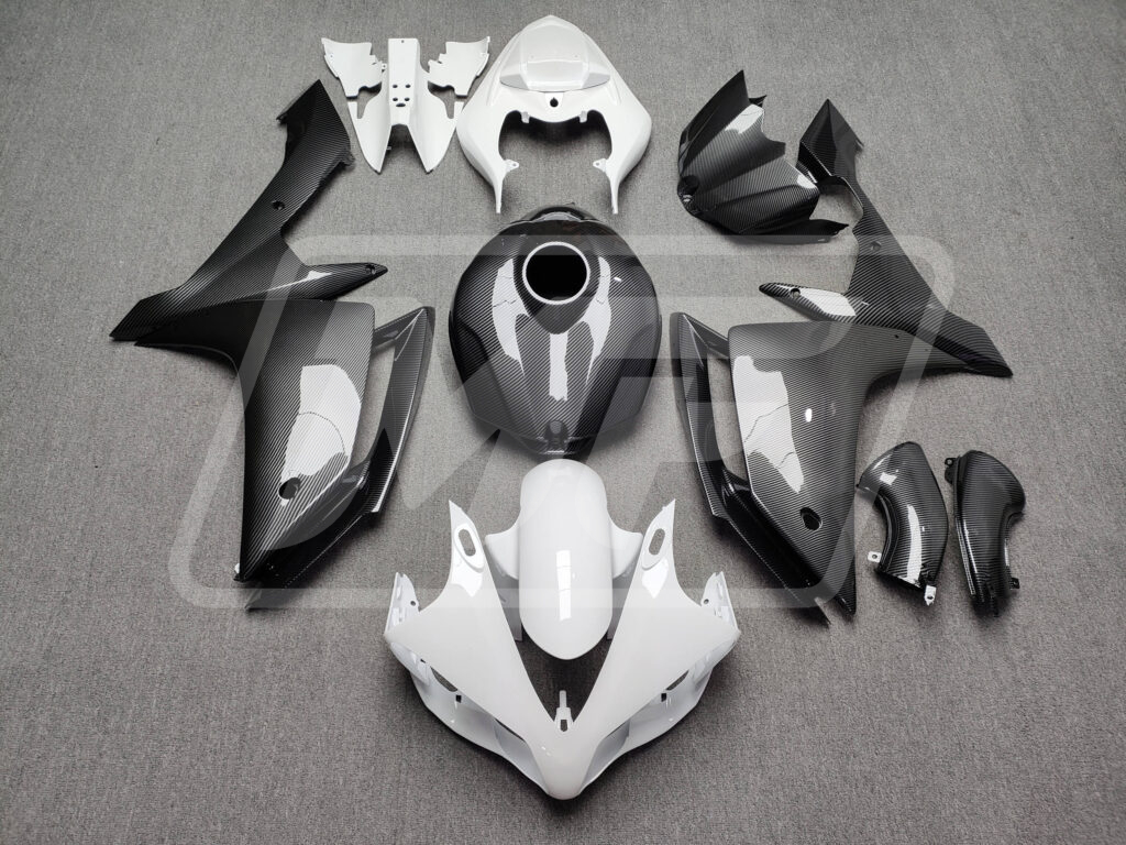 Yamaha R1 2007 - 2008 Gloss Carbon Fiber Style & White ABS fairings - custom motorcycle bodywork kit by Monster Fairings