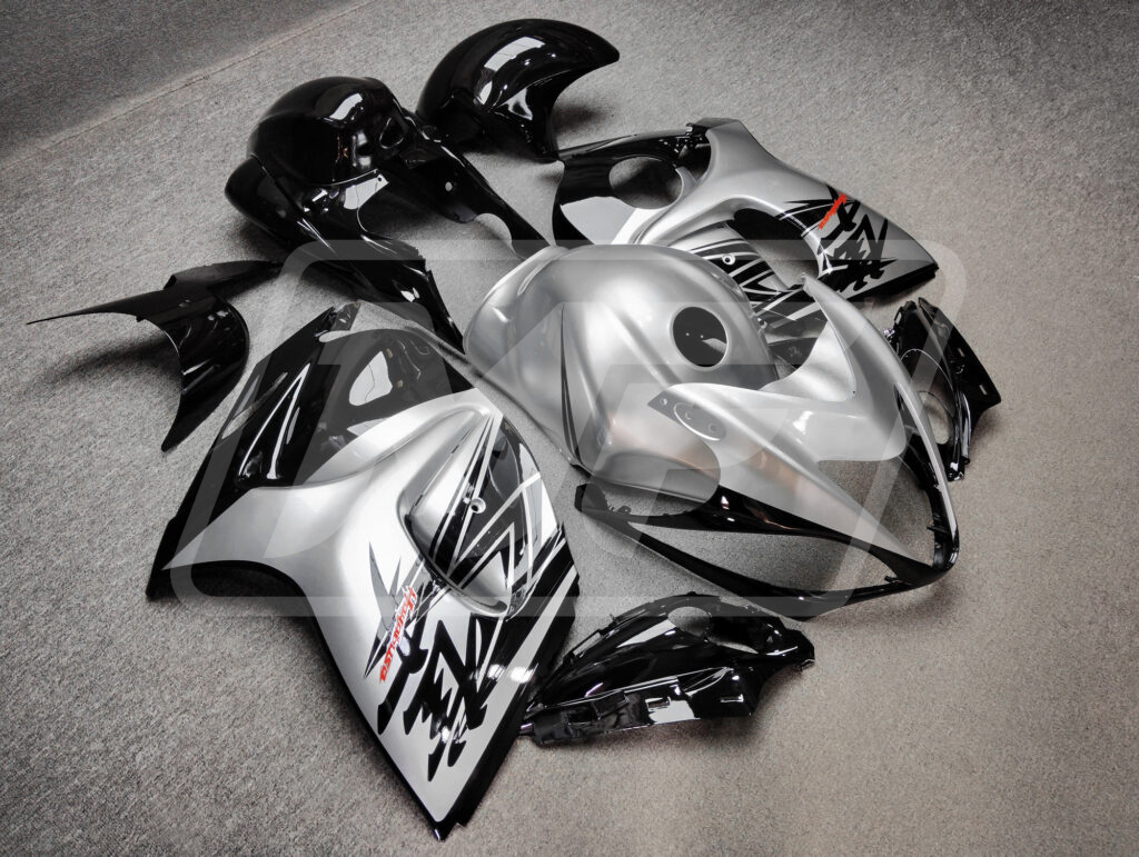 Suzuki GSXR 1300 custom ABS fairings 2008 - 2020 in Gloss Silver & and Black - durable replacement kit, Monster Fairings