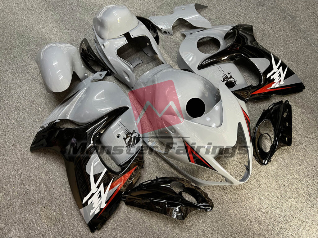 Suzuki GSXR 1300 custom ABS fairings 2008 - 2020 in Gloss Nardo Gray & Black with Skull - durable replacement kit, Monster Fairings
