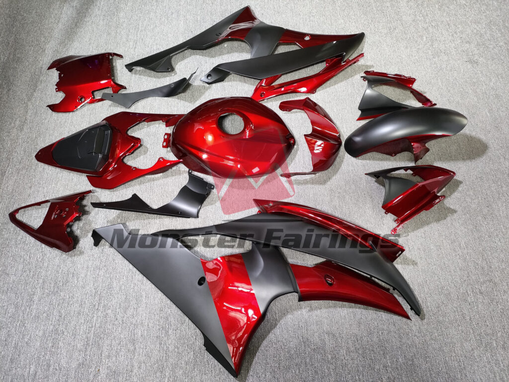 2008 - 2016 Yamaha R6 Gloss Red & Matte Black fairing set - ABS injection, custom painted by Monster Fairings