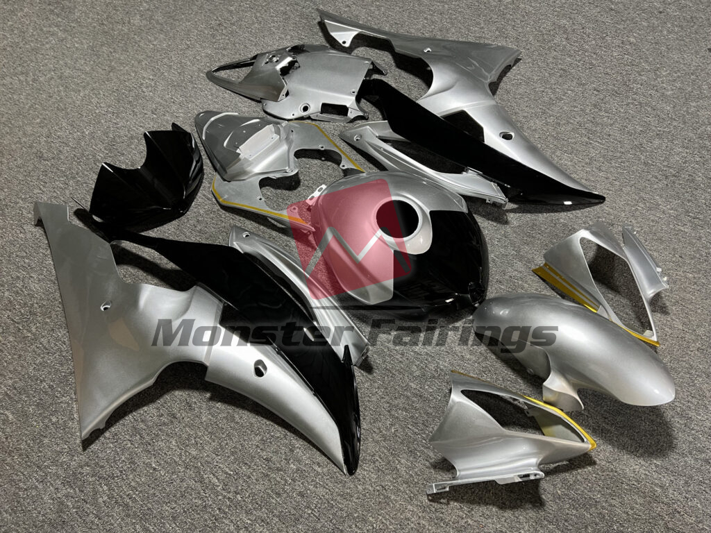 Yamaha R6 custom ABS fairings 2008 - 2016 in Gloss Silver & Black with Gold - durable replacement kit, Monster Fairings