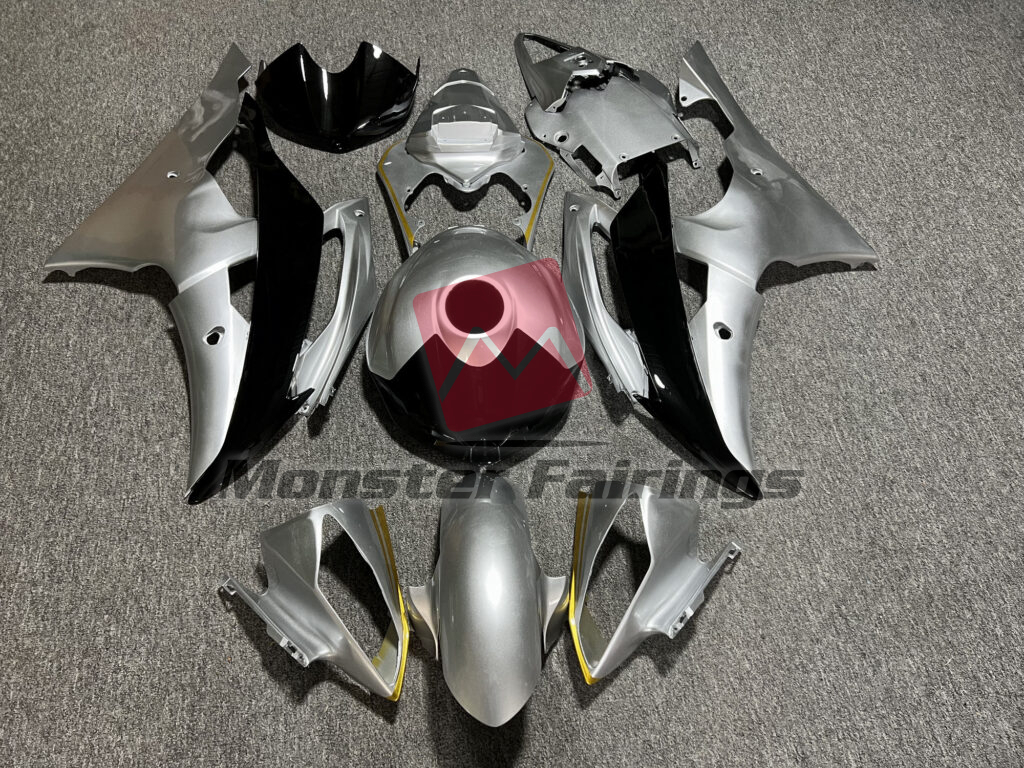 Yamaha R6 2008 - 2016 Gloss Silver & Black with Gold ABS fairings - custom motorcycle bodywork kit by Monster Fairings
