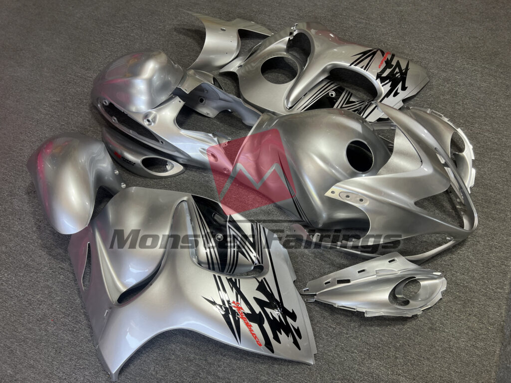 Suzuki GSXR 1300 custom ABS fairings 2008 - 2020 in Liquid Silver and Red - durable replacement kit, Monster Fairings