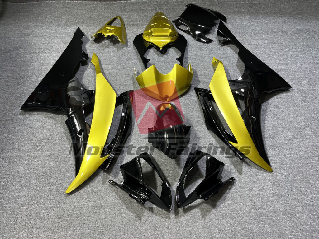 Yamaha R6 2008 - 2016 Gloss Black with Gold ABS fairings - custom motorcycle bodywork kit by Monster Fairings