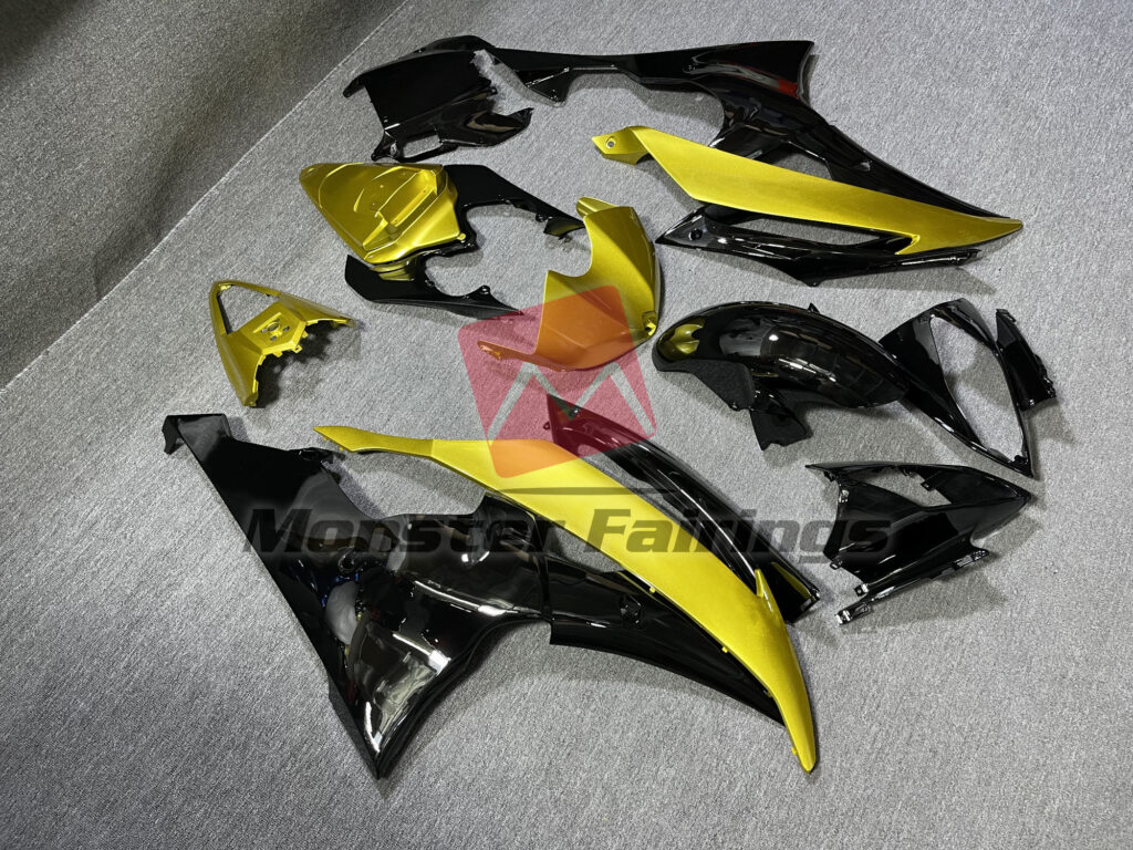 Yamaha R6 custom ABS fairings 2008 - 2016 in Gloss Black with Gold - durable replacement kit, Monster Fairings