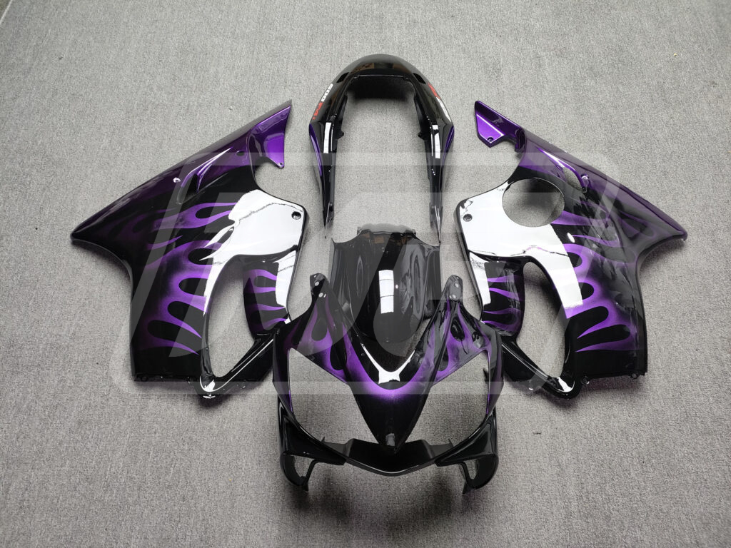 Honda CBR600 F4i 2004 - 2007 Gloss Black Purple Flames ABS fairings - custom motorcycle bodywork kit by Monster Fairings