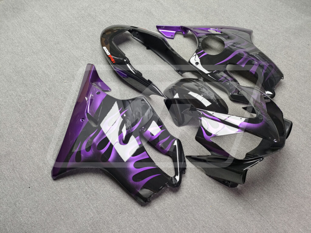 Honda CBR600 F4i custom ABS fairings 2004 - 2007 in Gloss Black Purple Flames - durable replacement kit, Monster Fairings
