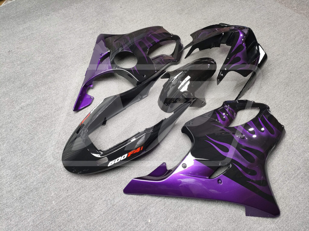 2004 - 2007 Honda CBR600 F4i Gloss Black Purple Flames fairing set - ABS injection, custom painted by Monster Fairings