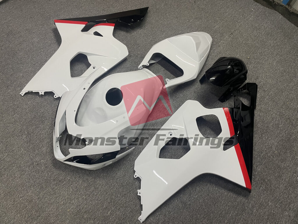 2004 - 2005 Suzuki GSXR Gloss White with Red & and Black Stripes fairing set - ABS injection, custom painted by Monster Fairings