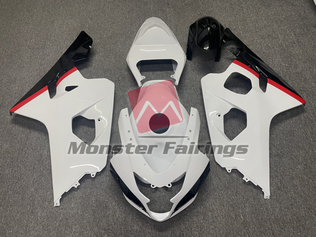 Suzuki GSXR 600 - 750 2004 - 2005 Gloss White with Red & and Black Stripes ABS fairings - custom motorcycle bodywork kit by Monster Fairings