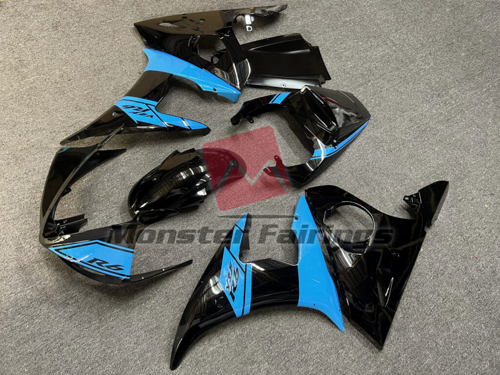 Yamaha R6 custom ABS fairings 2003 - 2004 Gloss Black Light Blue - durable replacement kit, Monster Fairings