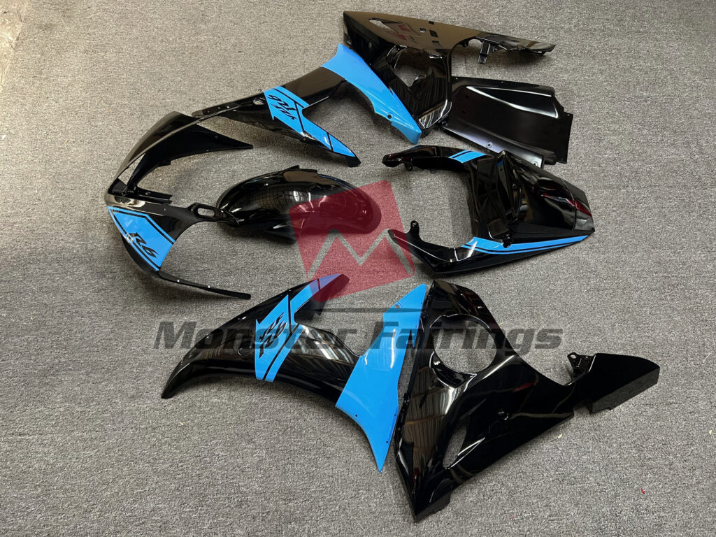 2003 - 2004 Yamaha R6 Gloss Black Light Blue fairing set - ABS injection, custom painted by Monster Fairings