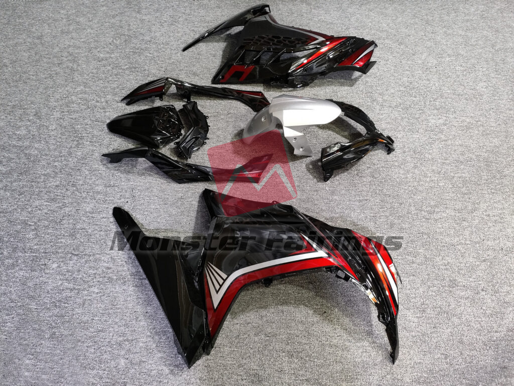 2013 - 2022 Kawasaki Ninja 300 Gloss Black Red fairing set - ABS injection, custom painted by Monster Fairings