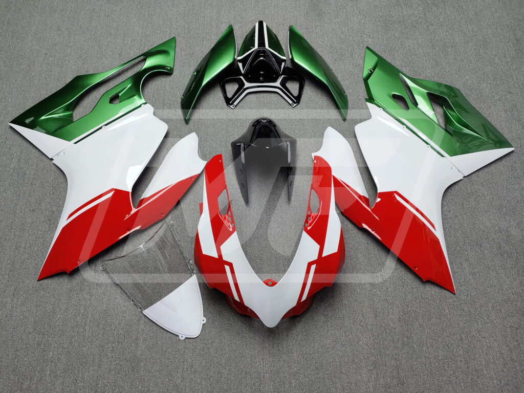 Ducati 1199 Gloss Red, White & Green ABS fairings - custom motorcycle bodywork kit by Monster Fairings