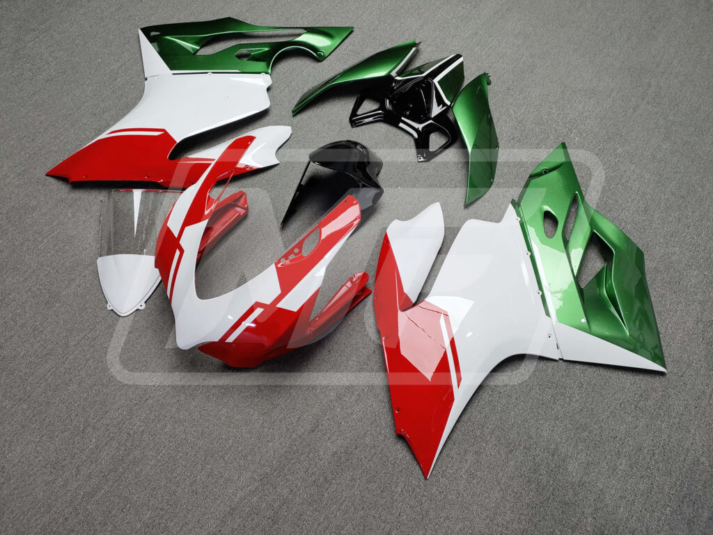 Ducati 1199 Gloss Red, White & Green fairing set - ABS injection, custom painted by Monster Fairings