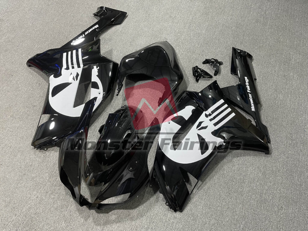 Kawasaki ZX6R custom ABS fairings 2007 - 2008 in Gloss Black with Skull - durable replacement kit, Monster Fairings