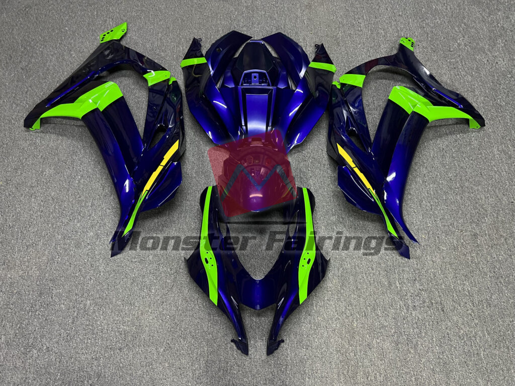 Kawasaki ZX10R 2016 - 2020 Gloss Deep Blue & Green with Yellow ABS fairings - custom motorcycle bodywork kit by Monster Fairings