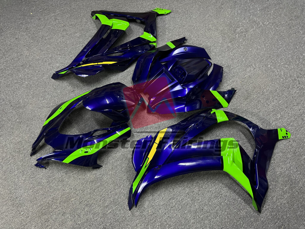 Gloss Deep Blue & Green with Yellow ABS fairings for Kawasaki ZX10R 2016 - 2020 - premium OEM fit kit by Monster Fairings
