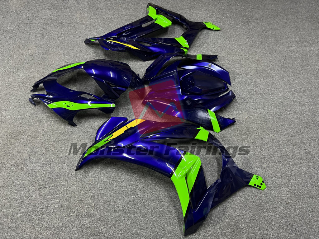 Kawasaki ZX10R custom ABS fairings 2016 - 2020 in Gloss Deep Blue & Green with Yellow - durable replacement kit, Monster Fairings
