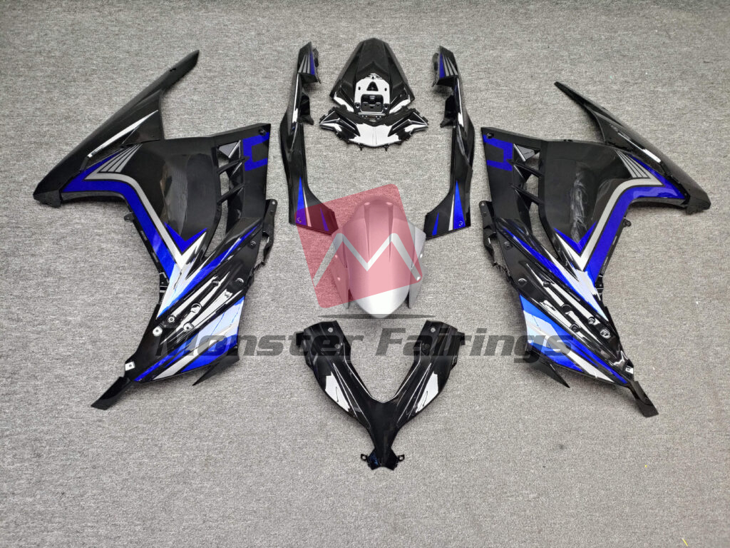 Kawasaki Ninja 300 2013 - 2022 Gloss Black & Blue with Silver ABS fairings - custom motorcycle bodywork kit by Monster Fairings