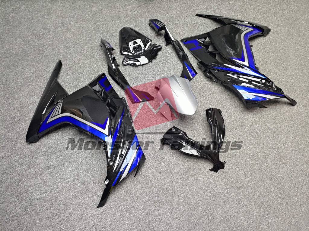 Gloss Black & Blue with Silver ABS fairings for Kawasaki Ninja 300 2013 - 2022 - premium OEM fit kit by Monster Fairings