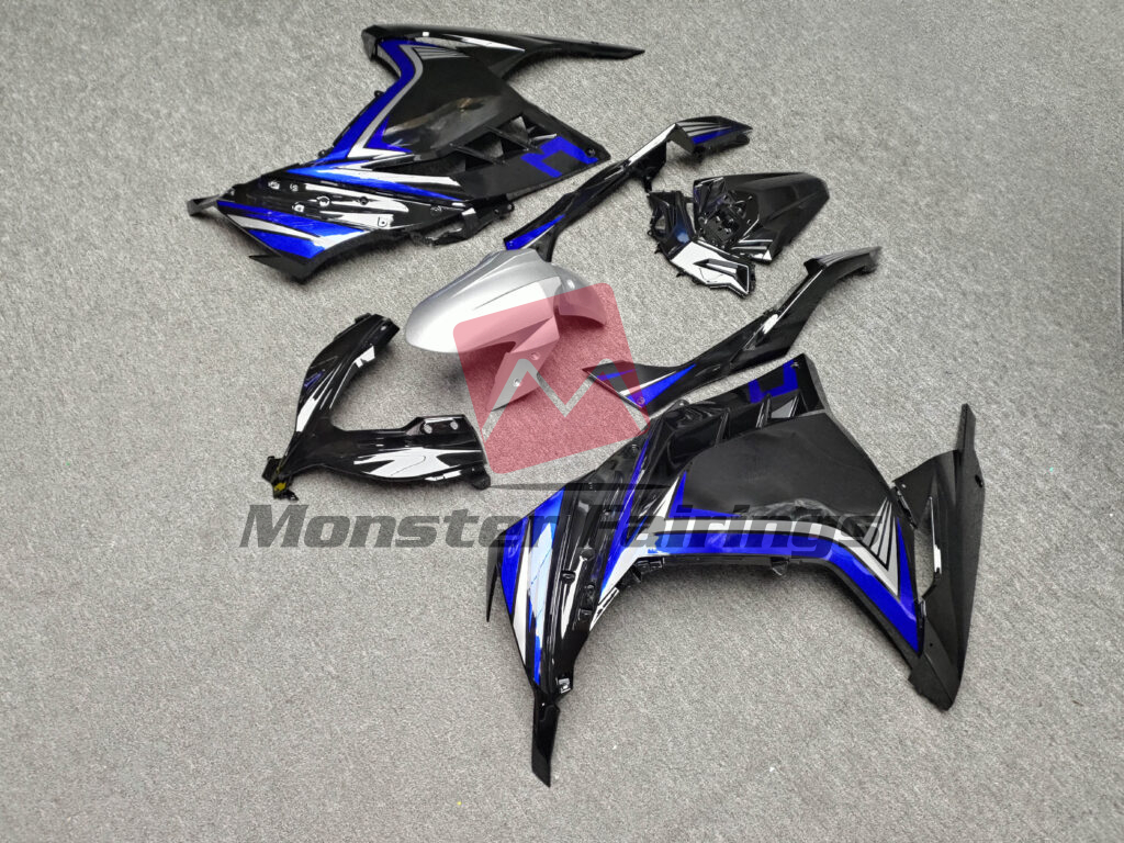 Kawasaki Ninja 300 custom ABS fairings 2013 - 2022 Gloss Black & Blue with Silver - durable replacement kit, Monster Fairings