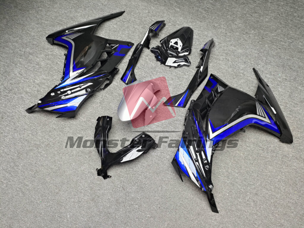 2013 - 2022 Kawasaki Ninja 300 Gloss Black & Blue with Silver fairing set - ABS injection, custom painted by Monster Fairings