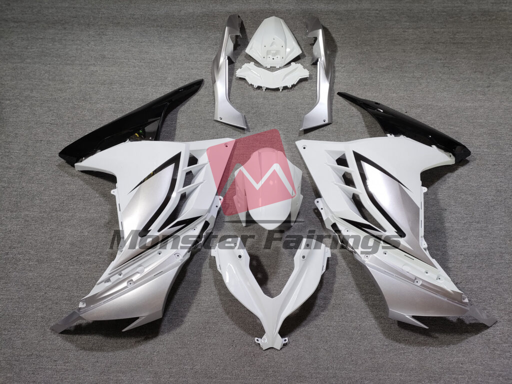 Kawasaki Ninja 300 2013 - 2022 Gloss White & Silver Black ABS fairings - custom motorcycle bodywork kit by Monster Fairings