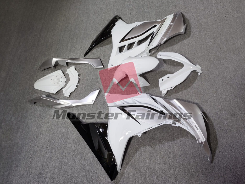 Gloss White & Silver Black ABS fairings for Kawasaki Ninja 300 2013 - 2022 - premium OEM fit kit by Monster Fairings
