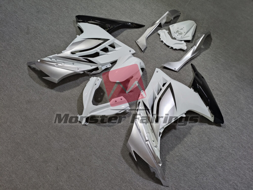 2013 - 2022 Kawasaki Ninja 300 Gloss White & Silver Black fairing set - ABS injection, custom painted by Monster Fairings