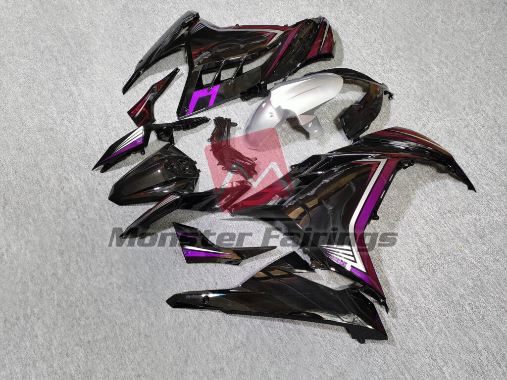 Kawasaki Ninja 300 custom ABS fairings 2013 - 2022 in Gloss Black & Purple Silver - durable replacement kit, Monster Fairings