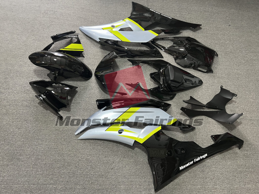 2008 - 2016 Yamaha R6 Gloss Black & Silver fairing set - ABS injection, custom painted by Monster Fairings