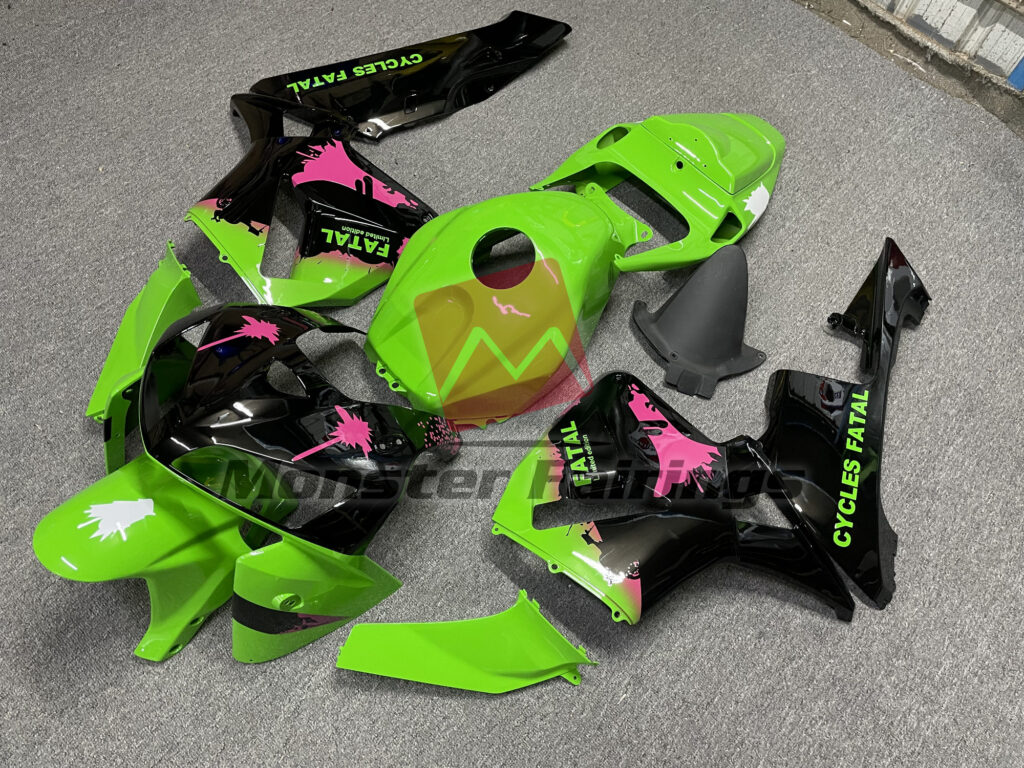 Honda CBR600RR custom ABS fairings 2005 - 2006 in Gloss Pink Splatter Green - durable replacement kit, Monster Fairings