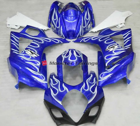 Suzuki GSXR 1000 2007 - 2008 Gloss Blue with White Flame ABS fairings - custom motorcycle bodywork kit by Monster Fairings