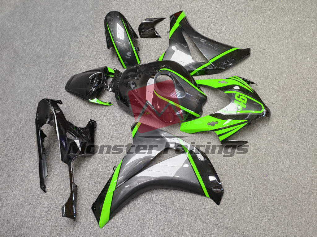2008 - 2011 Honda CBR1000RR Gloss Gray & and Black with Green fairing set - ABS injection, custom painted by Monster Fairings