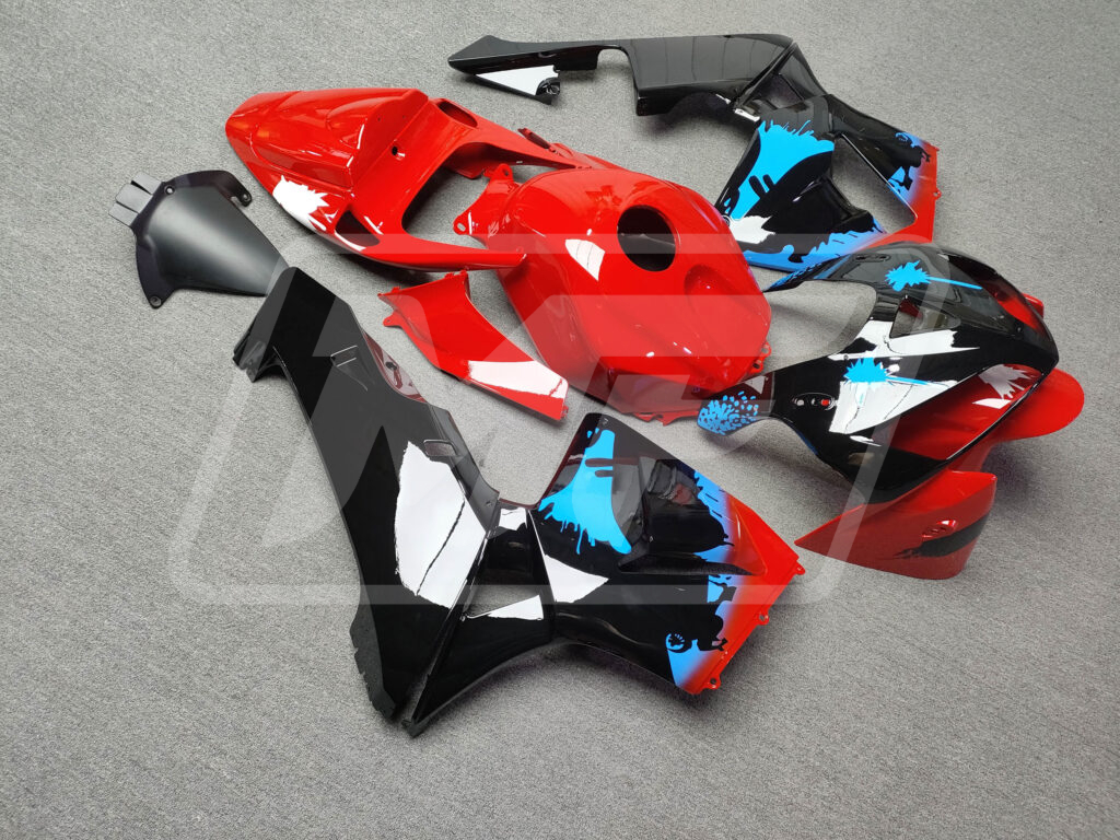 Honda CBR600RR custom ABS fairings 2005 - 2006 in Gloss Black & Red Light Blue Splatter - durable replacement kit, Monster Fairings