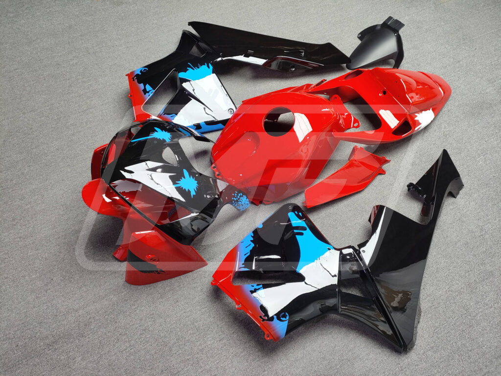 2005 - 2006 Honda CBR600RR Gloss Black & Red Light Blue Splatter fairing set - ABS injection, custom painted by Monster Fairings