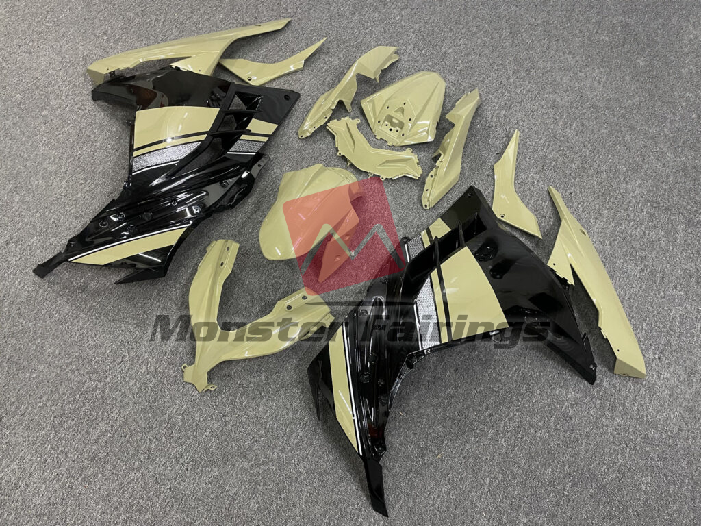Kawasaki Ninja 300 custom ABS fairings 2013 - 2022 in Gloss Desert Tan & Black White - durable replacement kit, Monster Fairings