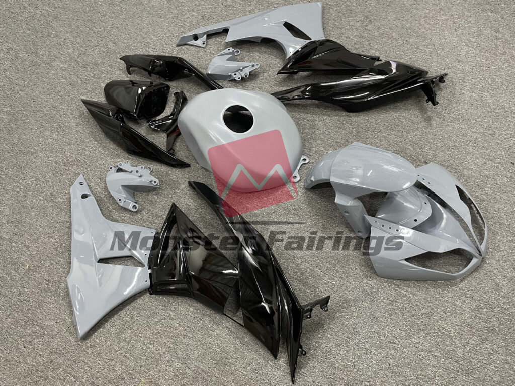 2009 - 2012 Kawasaki ZX6R Gloss Grey & Black fairing set - ABS injection, custom painted by Monster Fairings