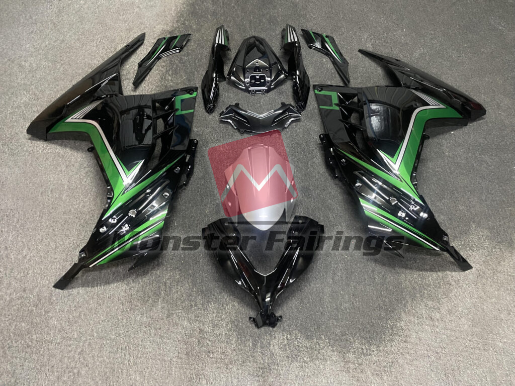 Kawasaki Ninja 300 2013 - 2022 Gloss Black Green & Silver ABS fairings - custom motorcycle bodywork kit by Monster Fairings