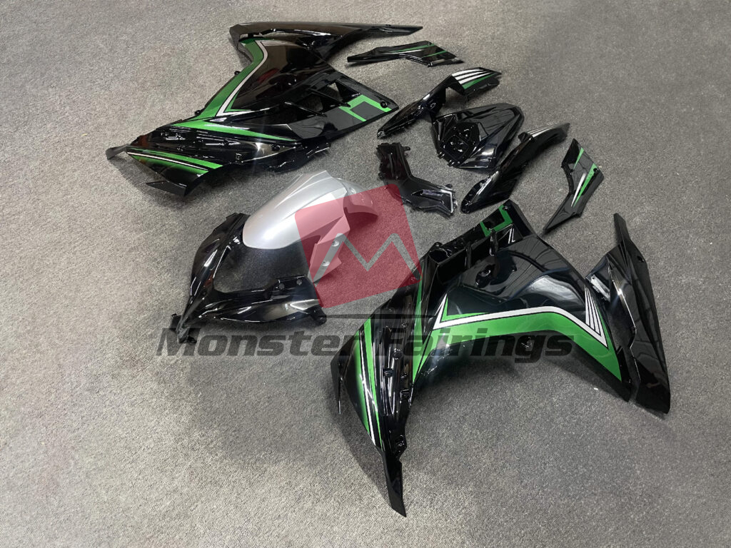 Gloss Black Green & Silver ABS fairings for Kawasaki Ninja 300 2013 - 2022 - premium OEM fit kit by Monster Fairings