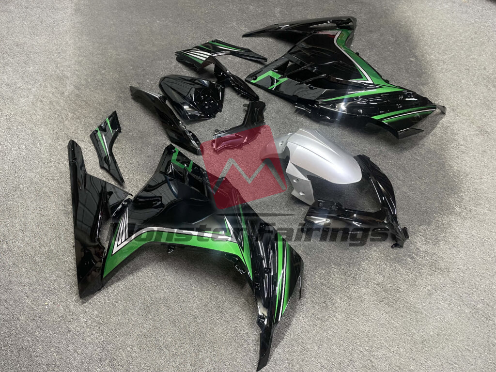 Kawasaki Ninja 300 custom ABS fairings 2013 - 2022 in Gloss Black Green & Silver - durable replacement kit, Monster Fairings
