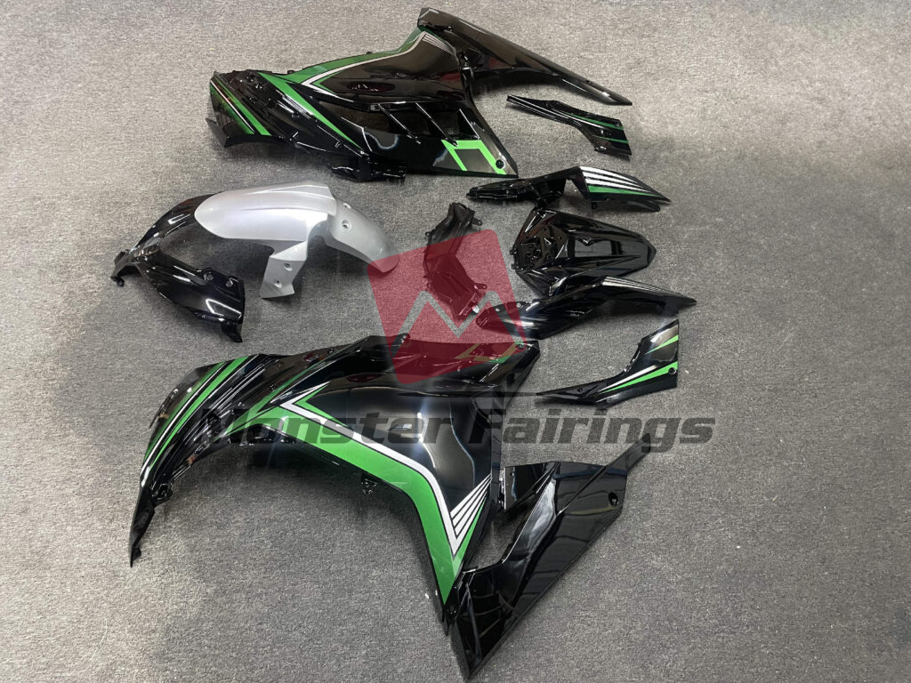 2013 - 2022 Kawasaki Ninja 300 Gloss Black Green & Silver fairing set - ABS injection, custom painted by Monster Fairings